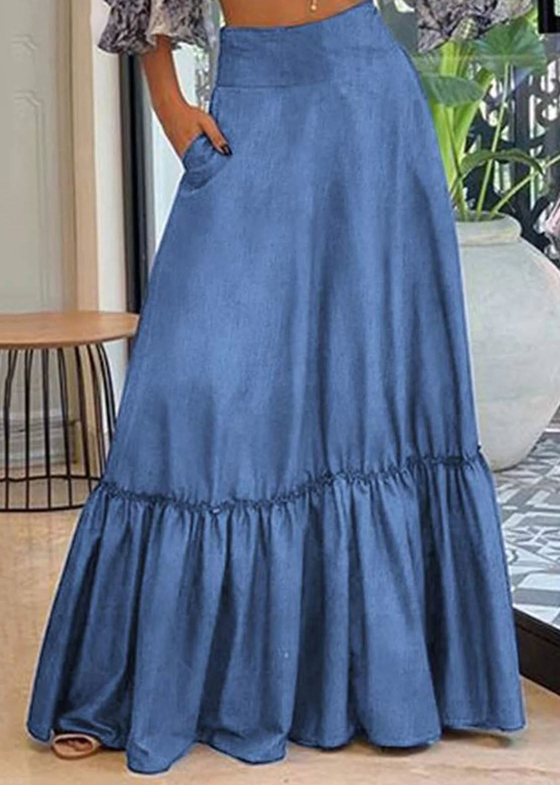Ohryiyie 2023 Vintage Long Patchwork Denim Skirt Women Fashion High Waist  Retro Aline Jean Skirt Female Blue Midi Skirt size One size Color Deep Blue