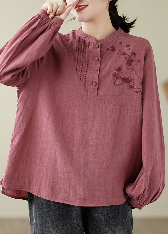 Handmade Brick Red Stand Collar Embroideried Patchwork Shirts Fall