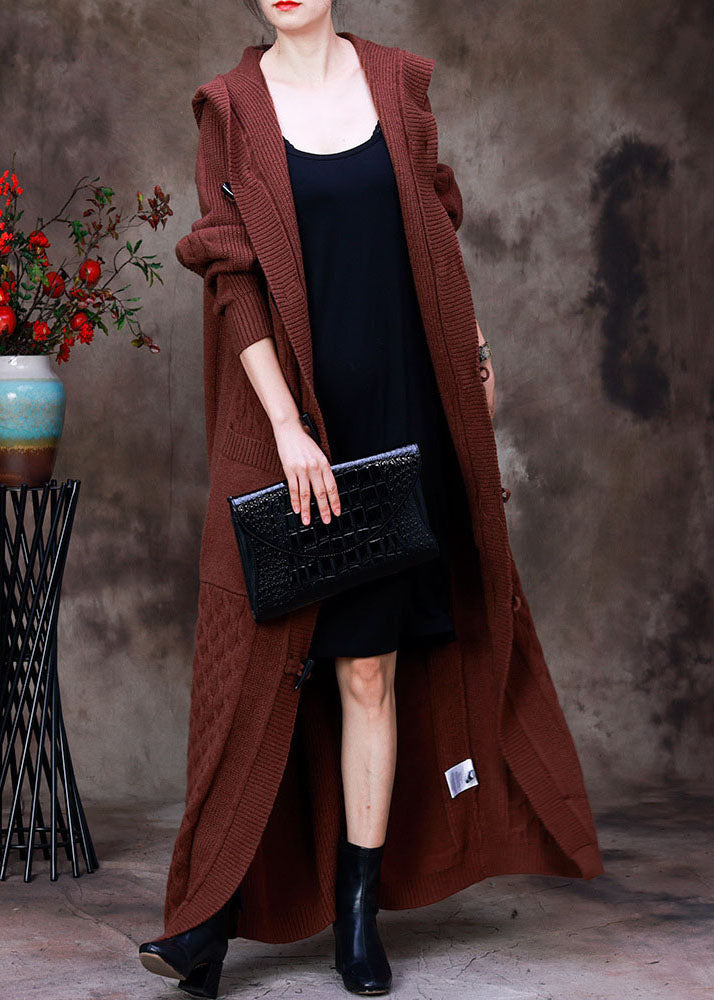 Handmade Coffee Hooded Pockets Horn Buckle Cable Knit Coat Long Sleeve