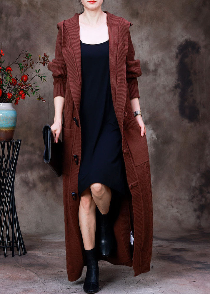 Handmade Coffee Hooded Pockets Horn Buckle Cable Knit Coat Long Sleeve