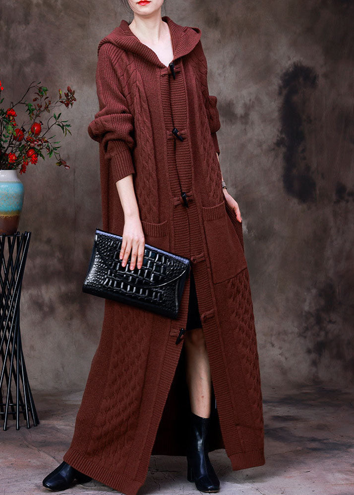 Handmade Coffee Hooded Pockets Horn Buckle Cable Knit Coat Long Sleeve