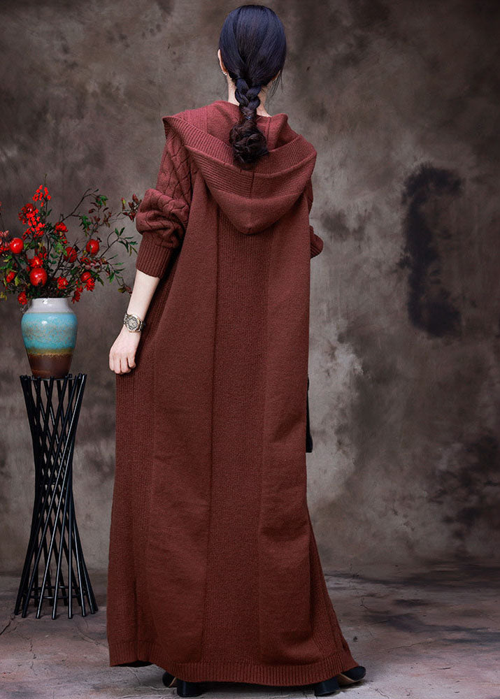 Handmade Coffee Hooded Pockets Horn Buckle Cable Knit Coat Long Sleeve