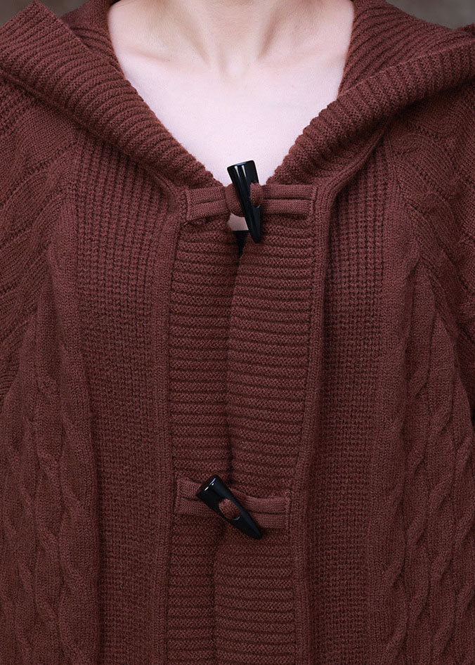 Handmade Coffee Hooded Pockets Horn Buckle Cable Knit Coat Long Sleeve