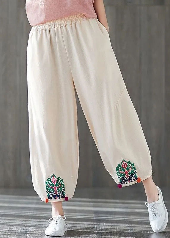 Handmade Red Embroideried Pockets Patchwork Cotton Lantern Pants Summer