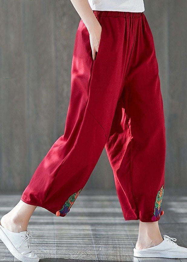 Handmade Red Embroideried Pockets Patchwork Cotton Lantern Pants Summer