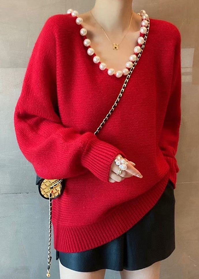 Handmade Red V Neck Nail Bead Thick Knit Sweaters Fall