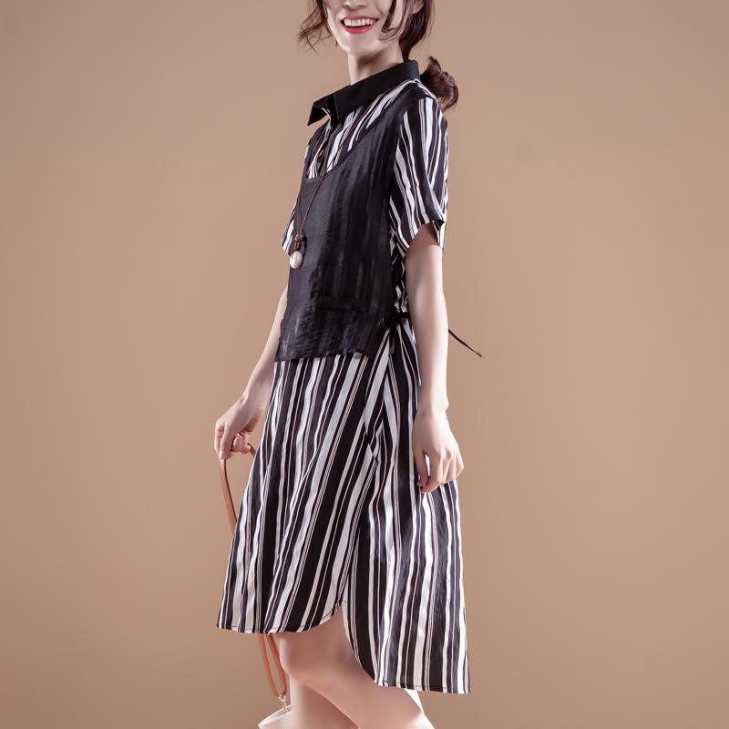 Stripe Polo Collar Short Sleeve False Two-piece Dress - Omychic