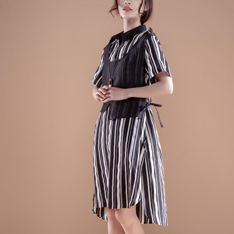 Stripe Polo Collar Short Sleeve False Two-piece Dress - Omychic