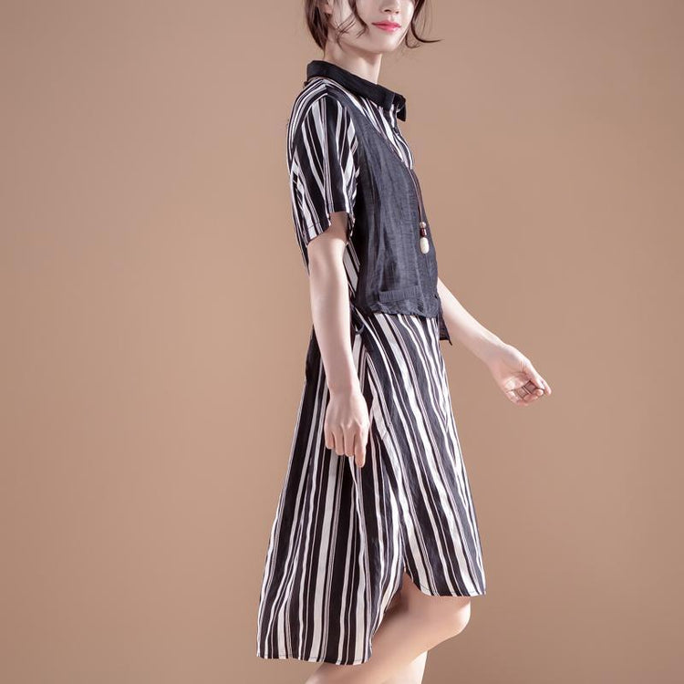 Stripe Polo Collar Short Sleeve False Two-piece Dress - Omychic