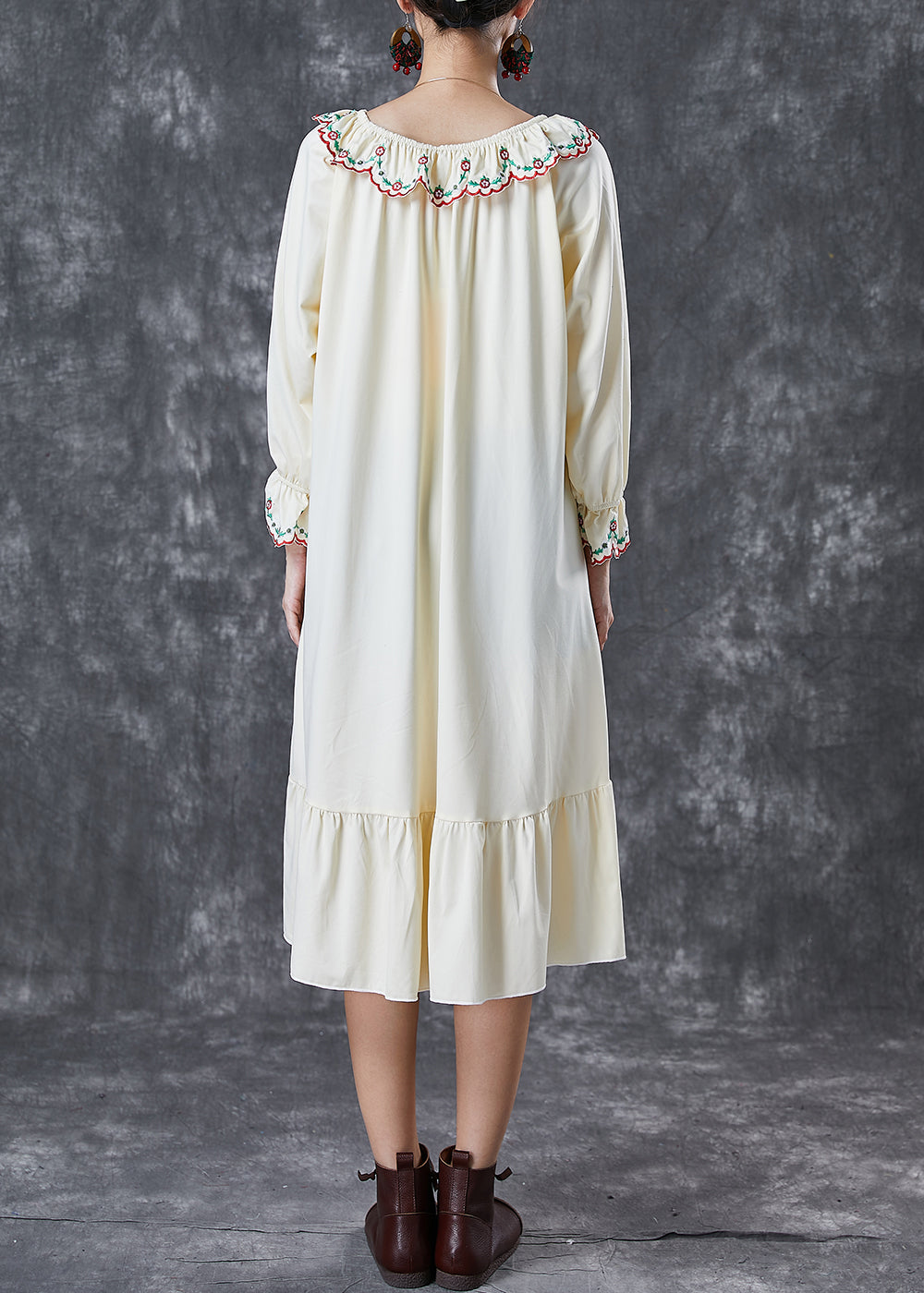 Italian Beige Embroideried Ruffles Cotton Maxi Dresses Fall