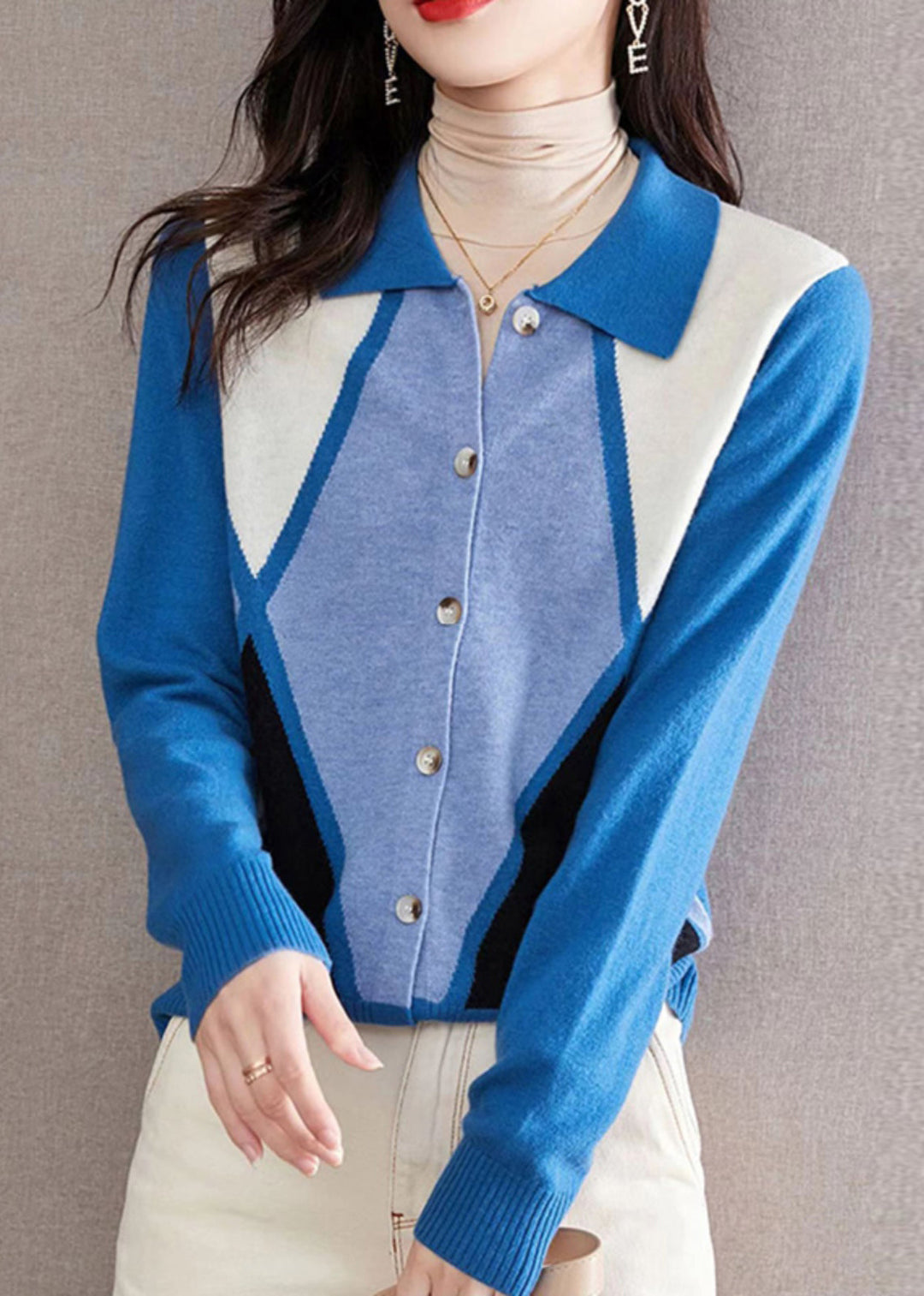 Italian Blue Peter Pan Collar Button Patchwork Knit Sweater Fall