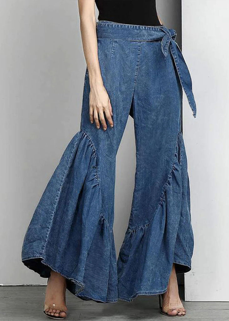 Fitted Blue Ruffled Zip Up Patchwork Denim Long Dress Summer – Omychic