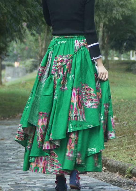 Italian Green Asymmetrical Print Elastic Waist Maxi Skirts Fall