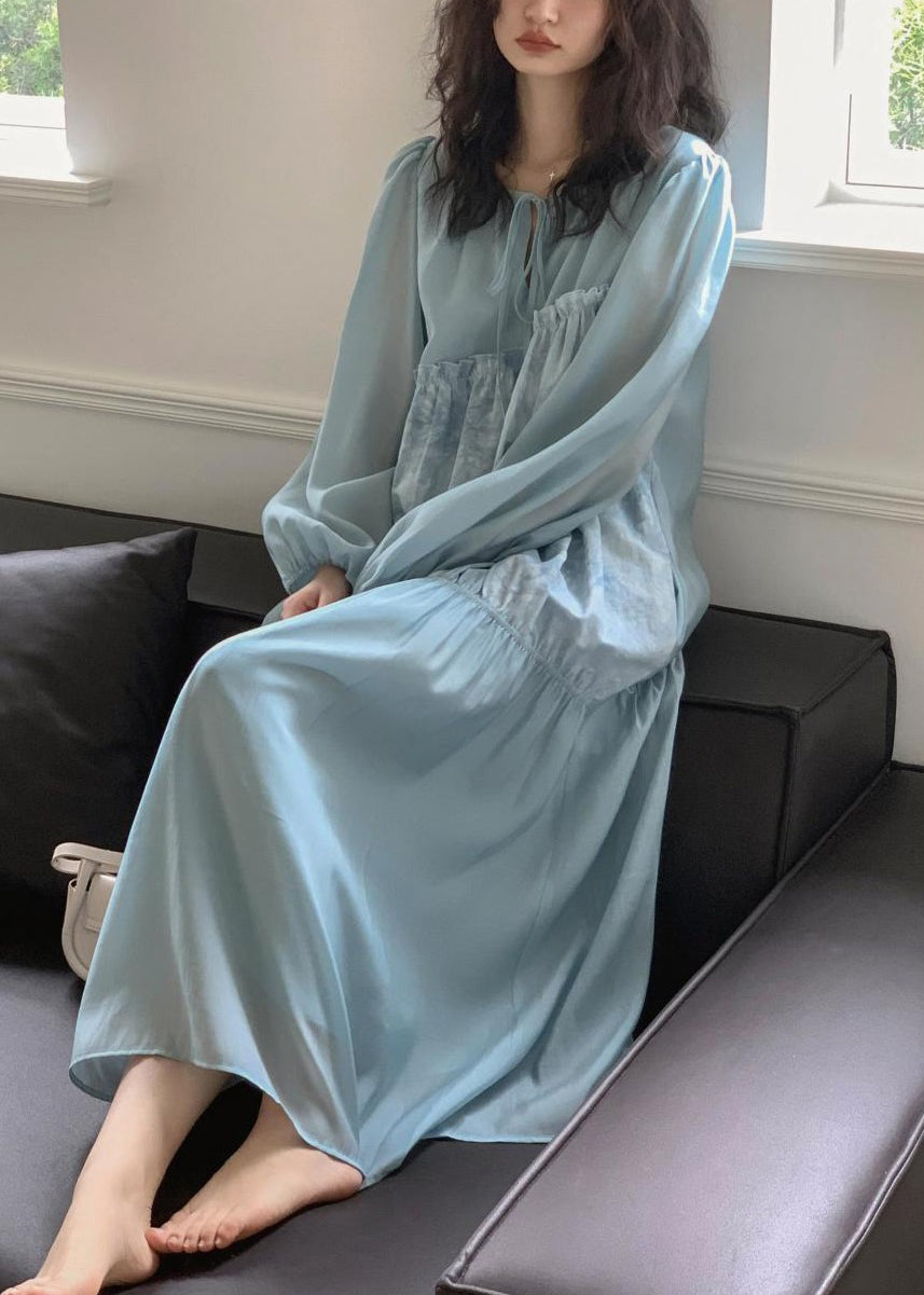 Italian Light Blue Lace Up Ruffled Chiffon Long Dresses Spring