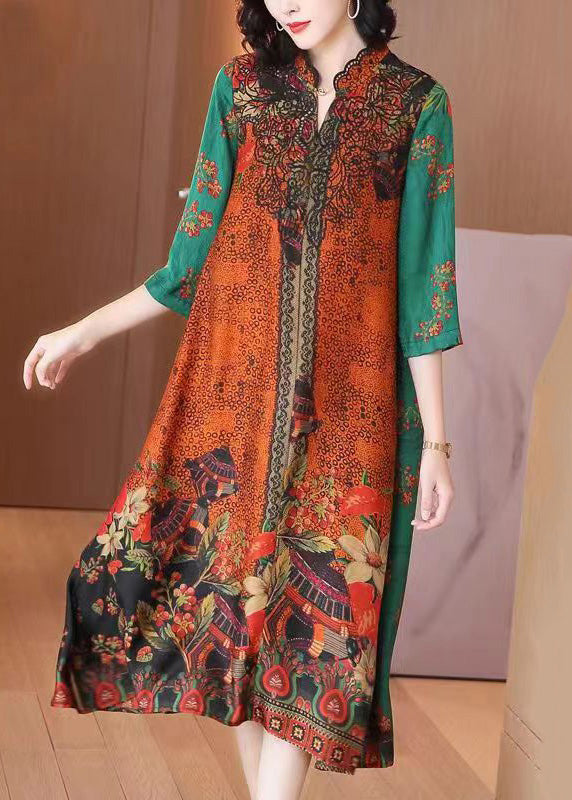 Italian Orange Stand Collar Print Patchwork Silk Long Dress Half Sleeve