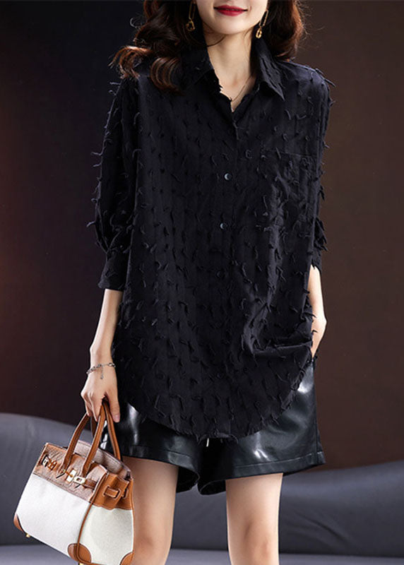 Jacquard Black Tassel Side Open Button Shirt Long Sleeve