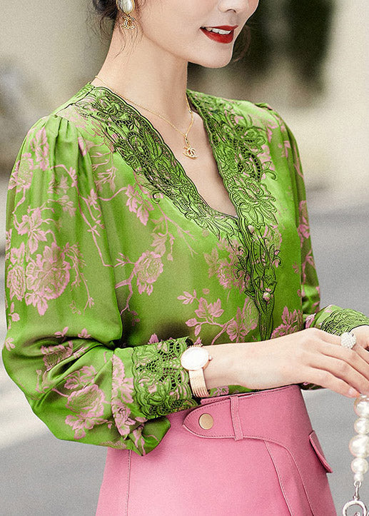 Jacquard Green V Neck Embroideried Button Silk Top Long Sleeve
