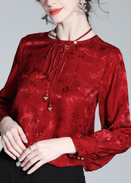 Jacquard Red O-Neck Neck Tie Silk Shirt Spring