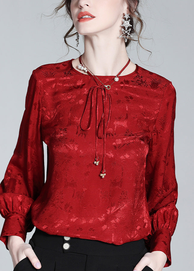 Jacquard Red O-Neck Neck Tie Silk Shirt Spring