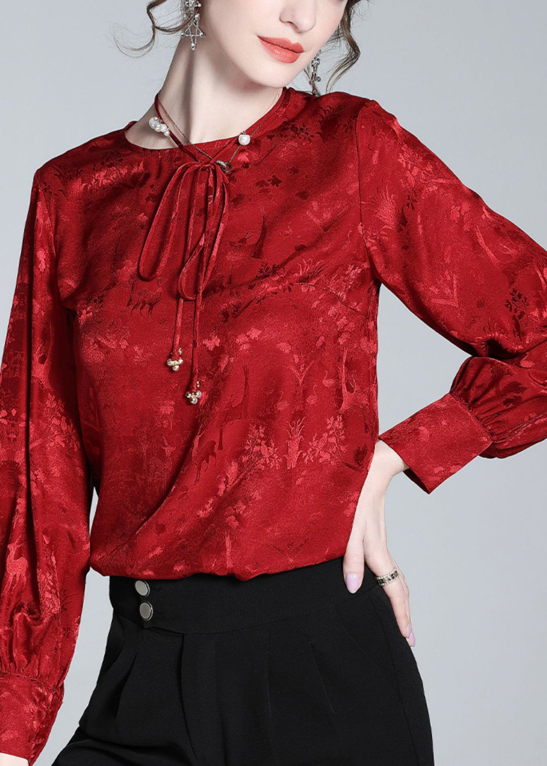 Jacquard Red O-Neck Neck Tie Silk Shirt Spring