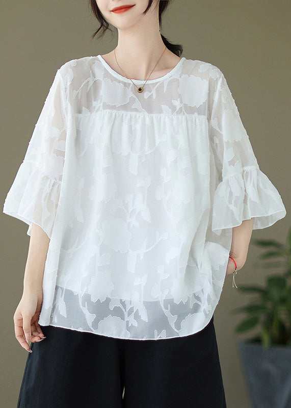 Jacquard White Solid Embroidery Tulle Top Flare Sleeve