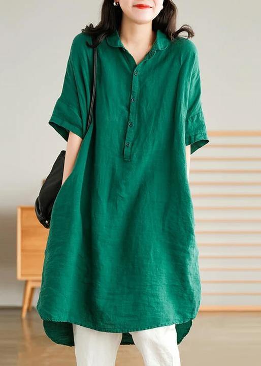 Jade dark green-snowflake Linen Women Casual Linen Shirt Dress