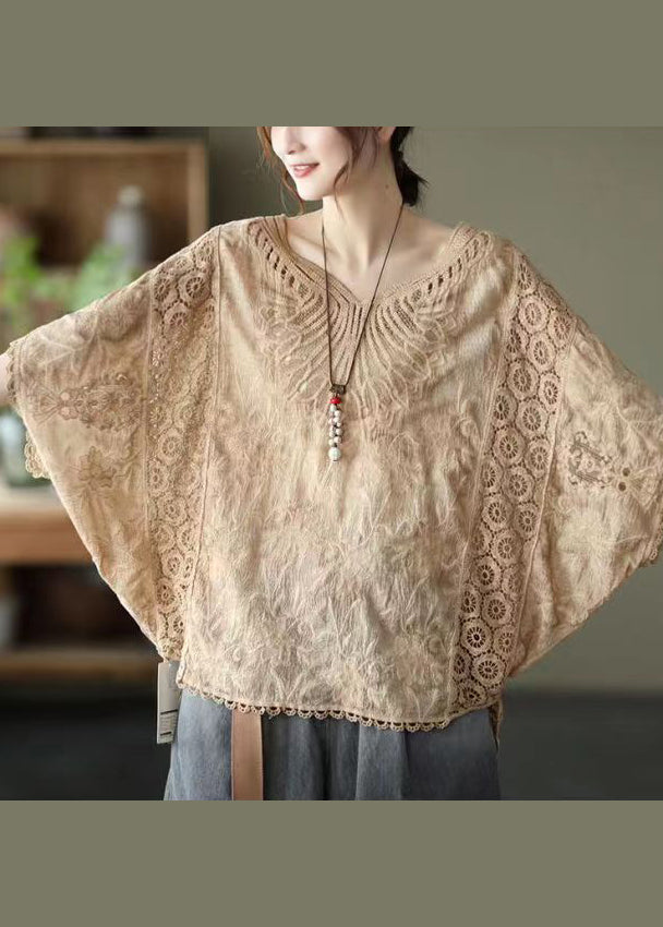 Khaki Cotton T Shirt Tops V Neck Embroideried Batwing Sleeve