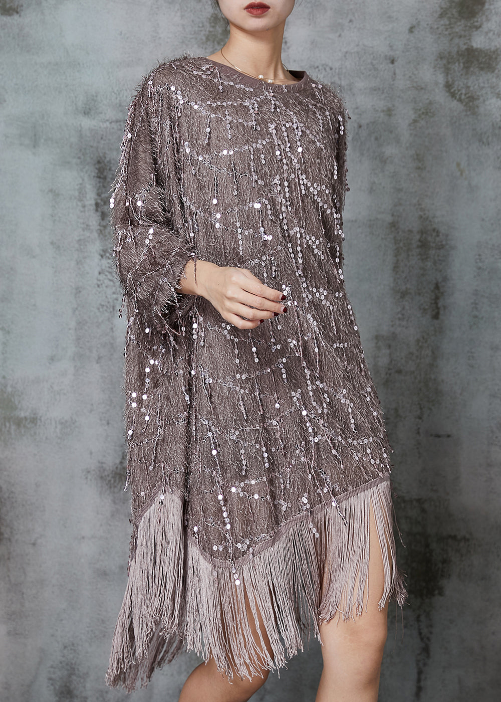 Khaki Loose Cotton Dresses Tasseled Sequins Spring