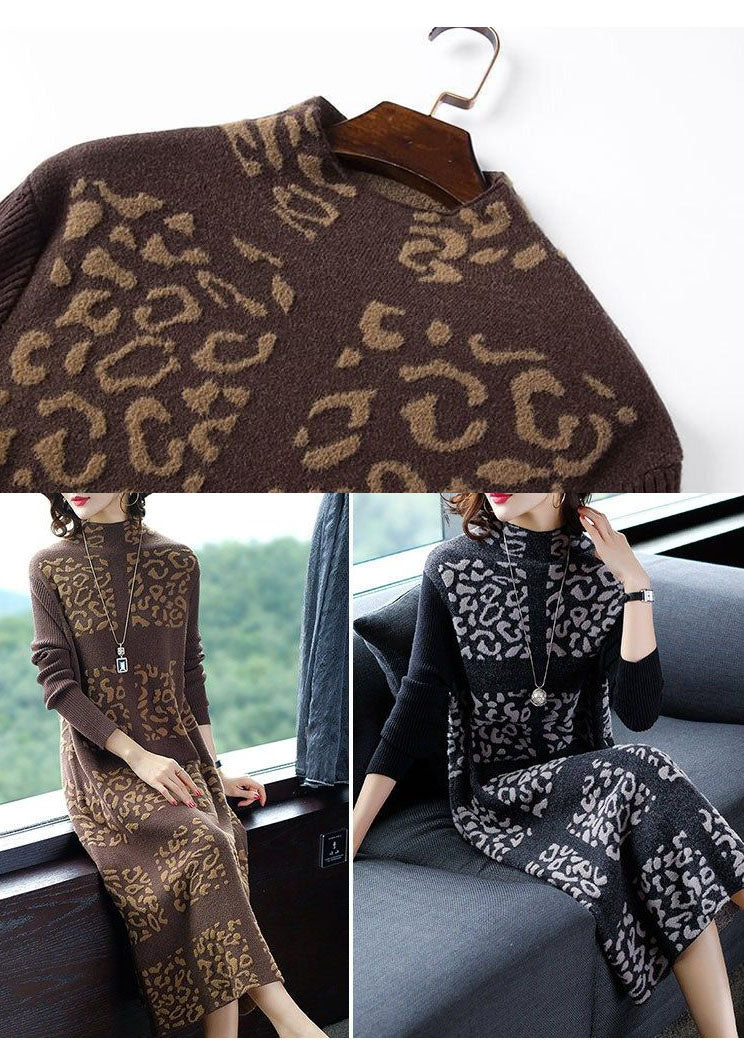 Khaki Print Knit Sweater Dress Stand Collar Winter