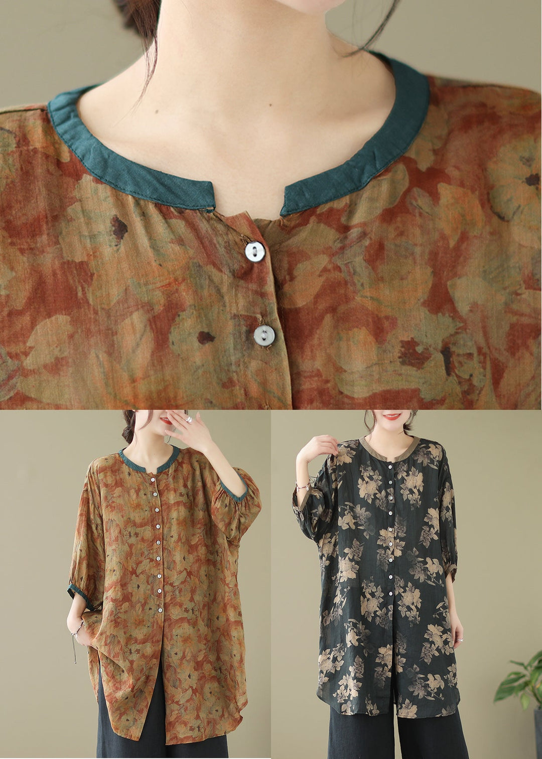 Khaki Print Linen Shirt Dresses O-Neck Oversized Lantern Sleeve