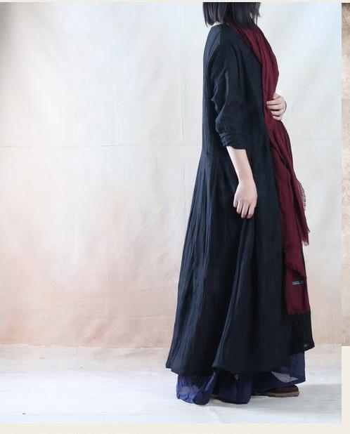 Layered linen maxi dress black linen causal dress spring long caftan gown - Omychic