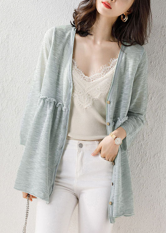 Light Green Patchwork Thin Knit Cardigan V Neck Ruffled Summer