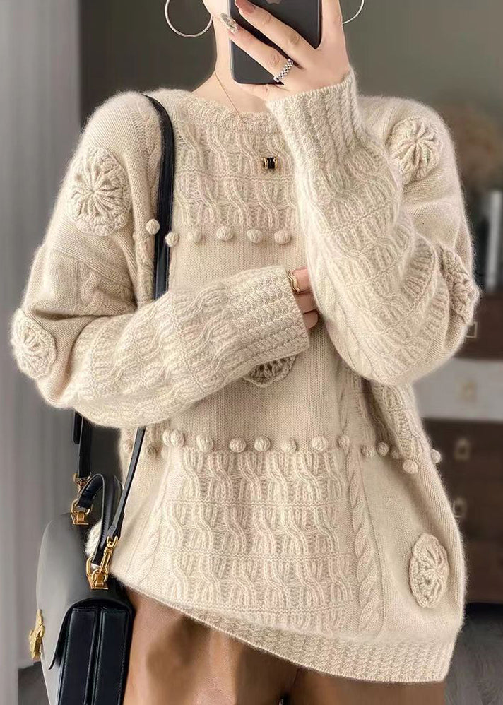 Loose Beige O-Neck Hollow Out Cotton Knit Sweater Long Sleeve