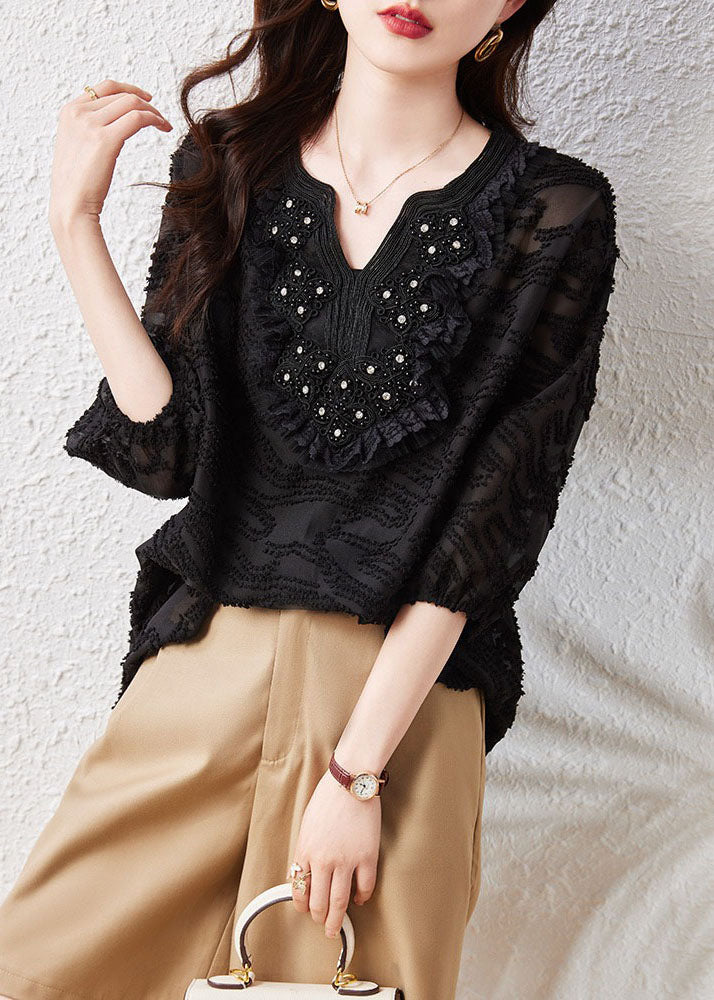 Loose Black Embroideried Nail Bead Patchwork Chiffon Shirt Tops Summer