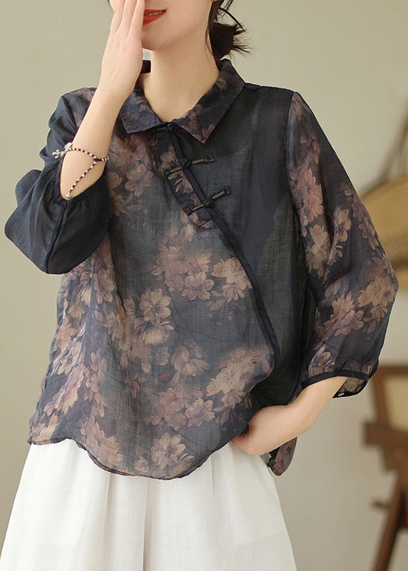 Loose Black Peter Pan Collar Button Print Linen Shirts Spring