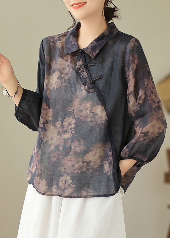 Loose Black Peter Pan Collar Button Print Linen Shirts Spring