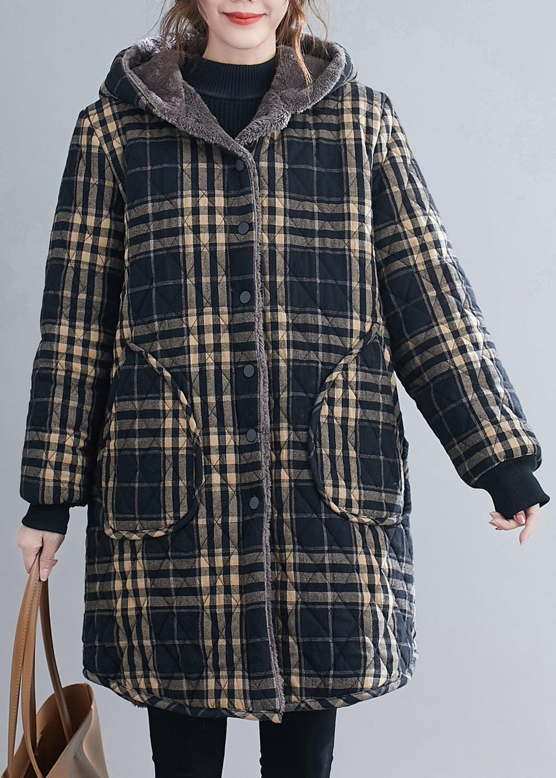 Loose Black Plaid Hooded Pockets Warm Fleece Parka Winter