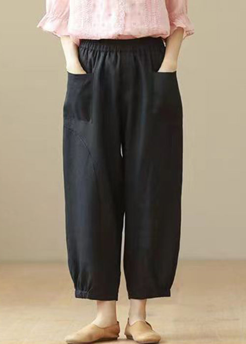 Loose Black Pockets High Waist Cotton Crop Pants