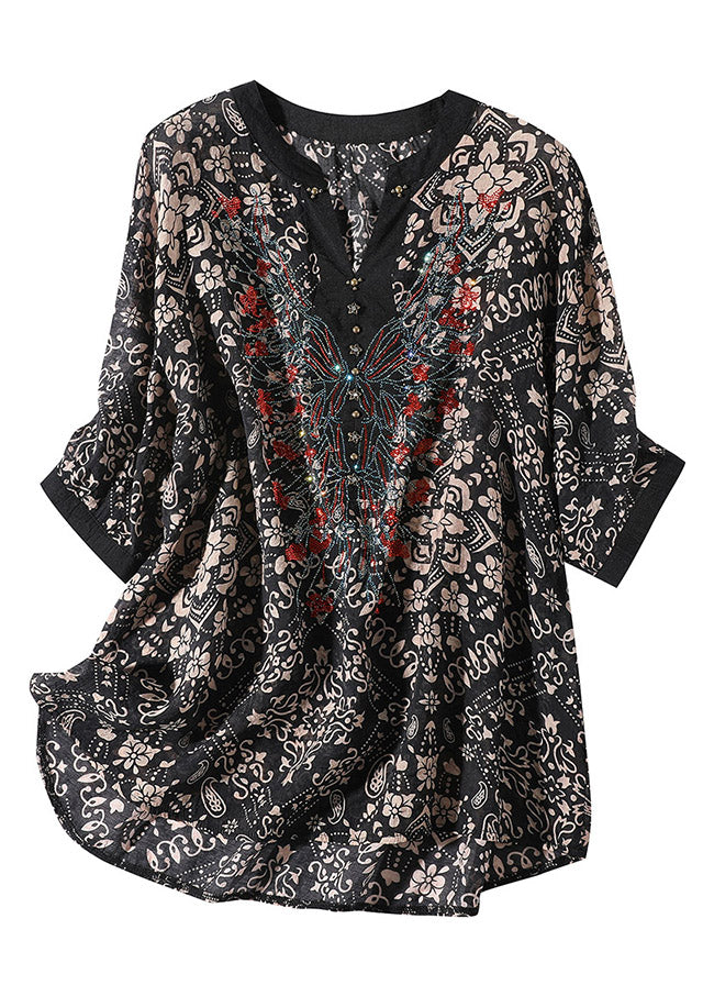 Loose Black V Neck Print Chiffon Top Short Sleeve