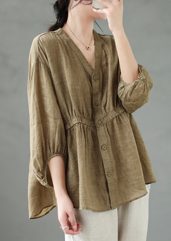 Loose Coffee Solid Button Linen Shirt Bracelet Sleeve