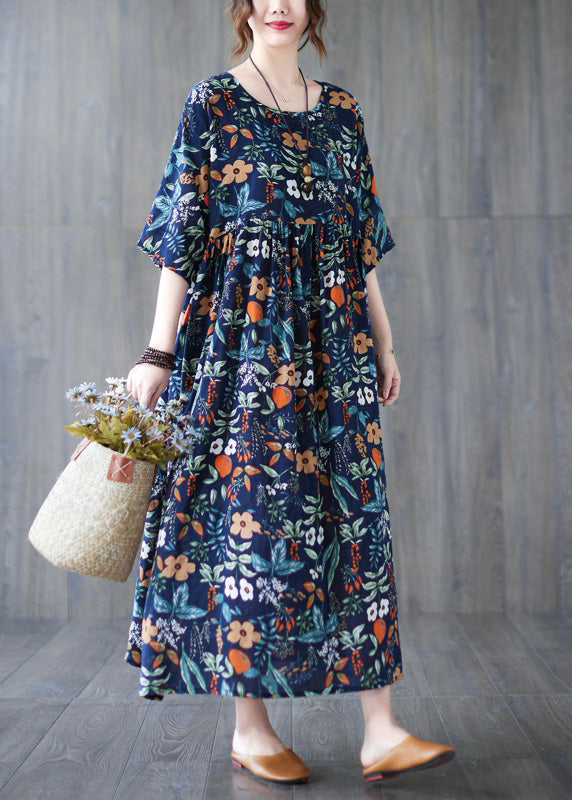 Loose Dark Blue O-Neck Print Wrinkled Robe Dresses Short Sleeve