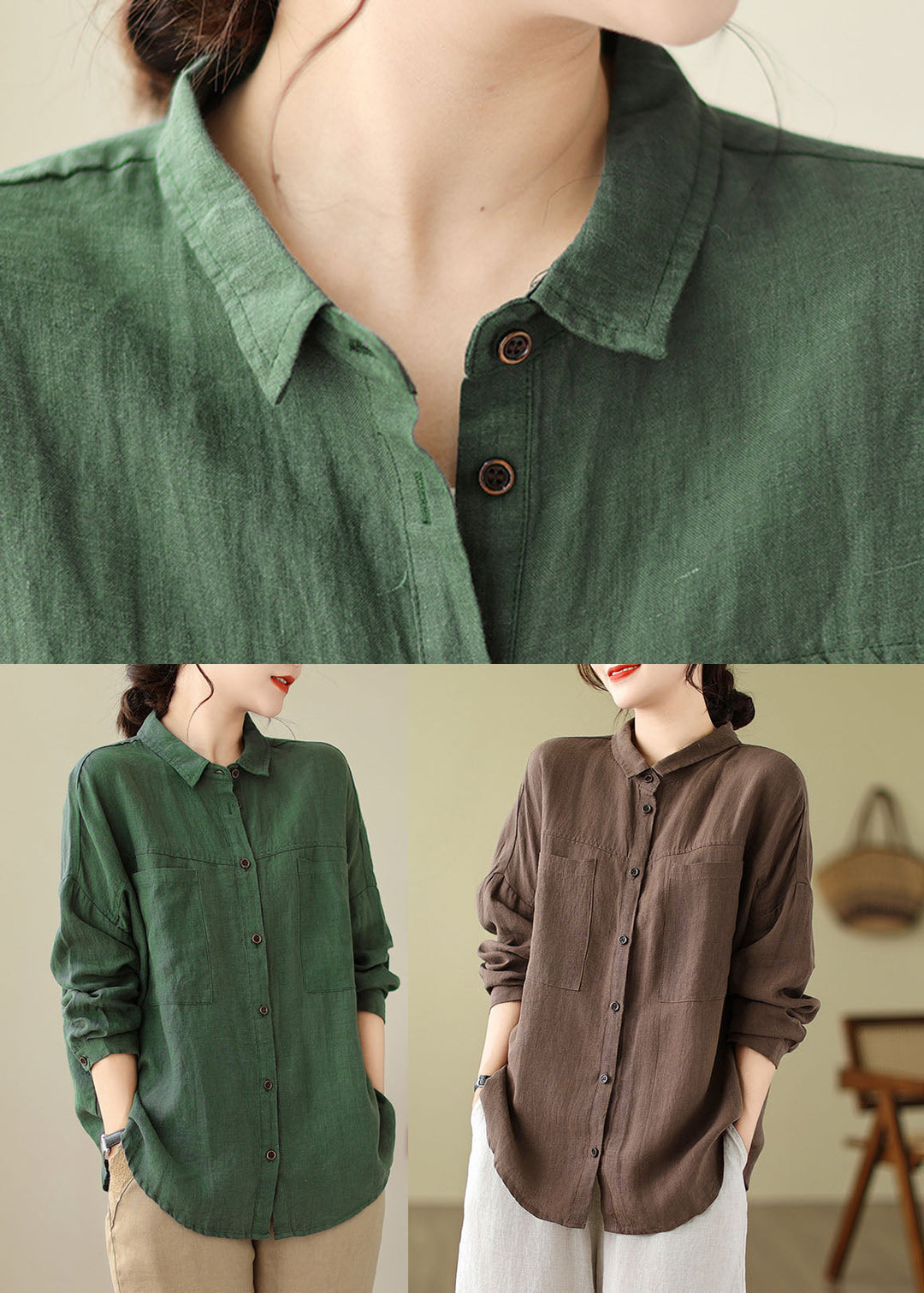 Loose Green Patchwork Button Pockets Shirts Long Sleeve