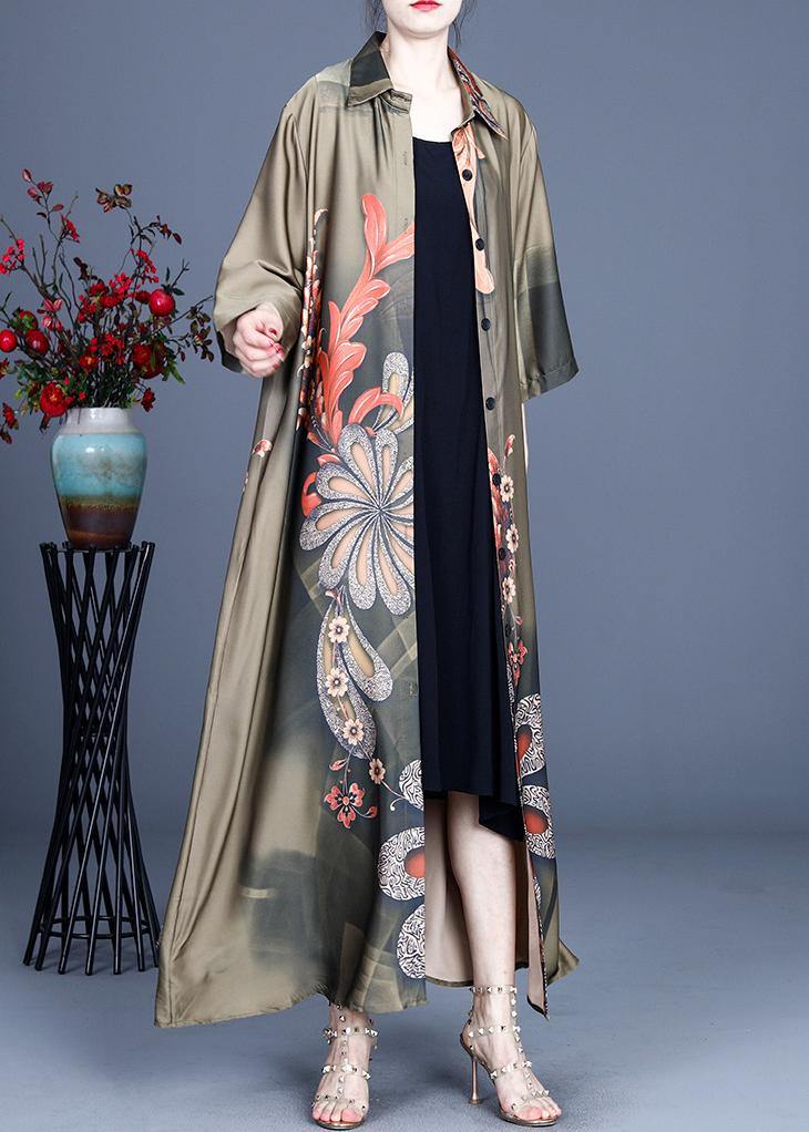 Loose Green Print Spring Long sleeve Long Loose Coat - Omychic