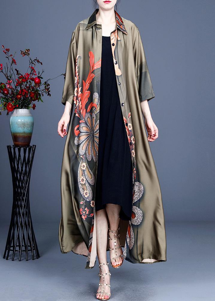 Loose Green Print Spring Long sleeve Long Loose Coat - Omychic