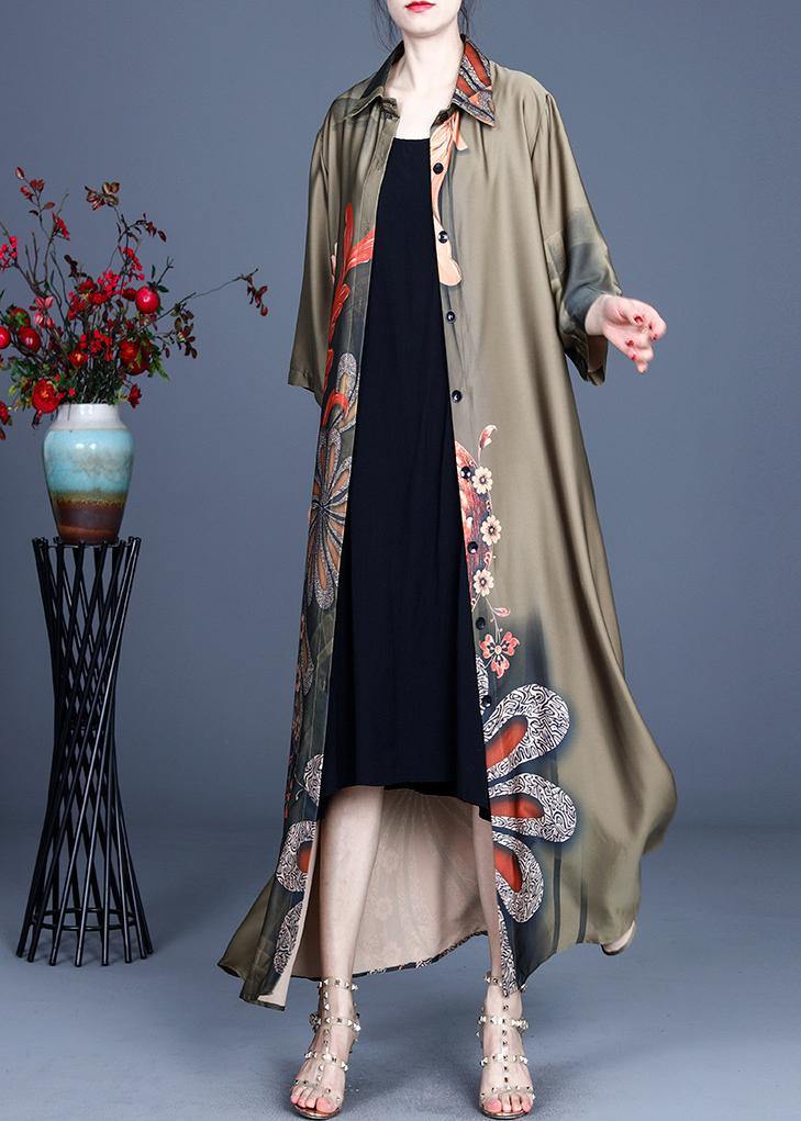 Loose Green Print Spring Long sleeve Long Loose Coat - Omychic