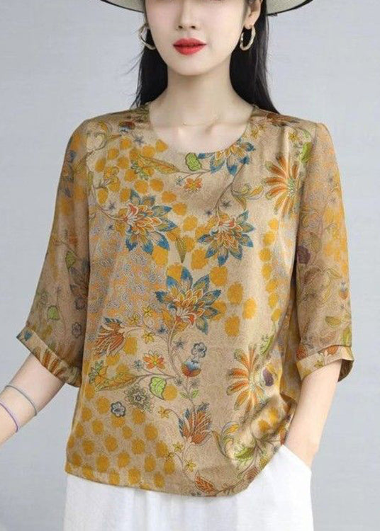 Loose Khaki O Neck Print Patchwork Silk T Shirts Half Sleeve