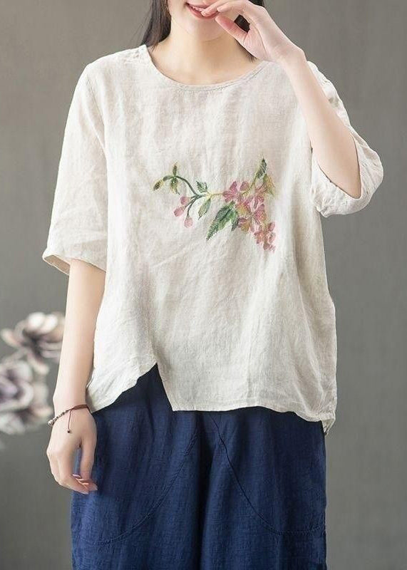 Loose Linen O Neck Print Linen T Shirt Half Sleeve