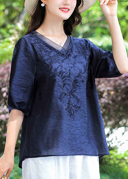 Loose Navy V Neck Embroideried Patchwork Cotton T Shirt Half Sleeve