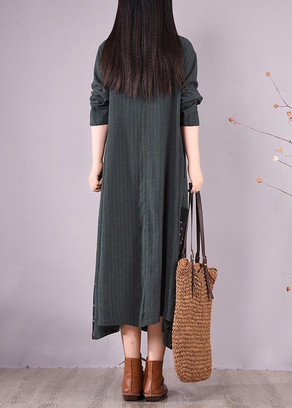 Loose O Neck Pockets Spring Clothes Design Blackish Green Patchwork Print Dresses - Omychic