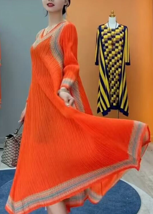 Loose Orange V Neck Asymmetrical Print Party Long Dress Spring